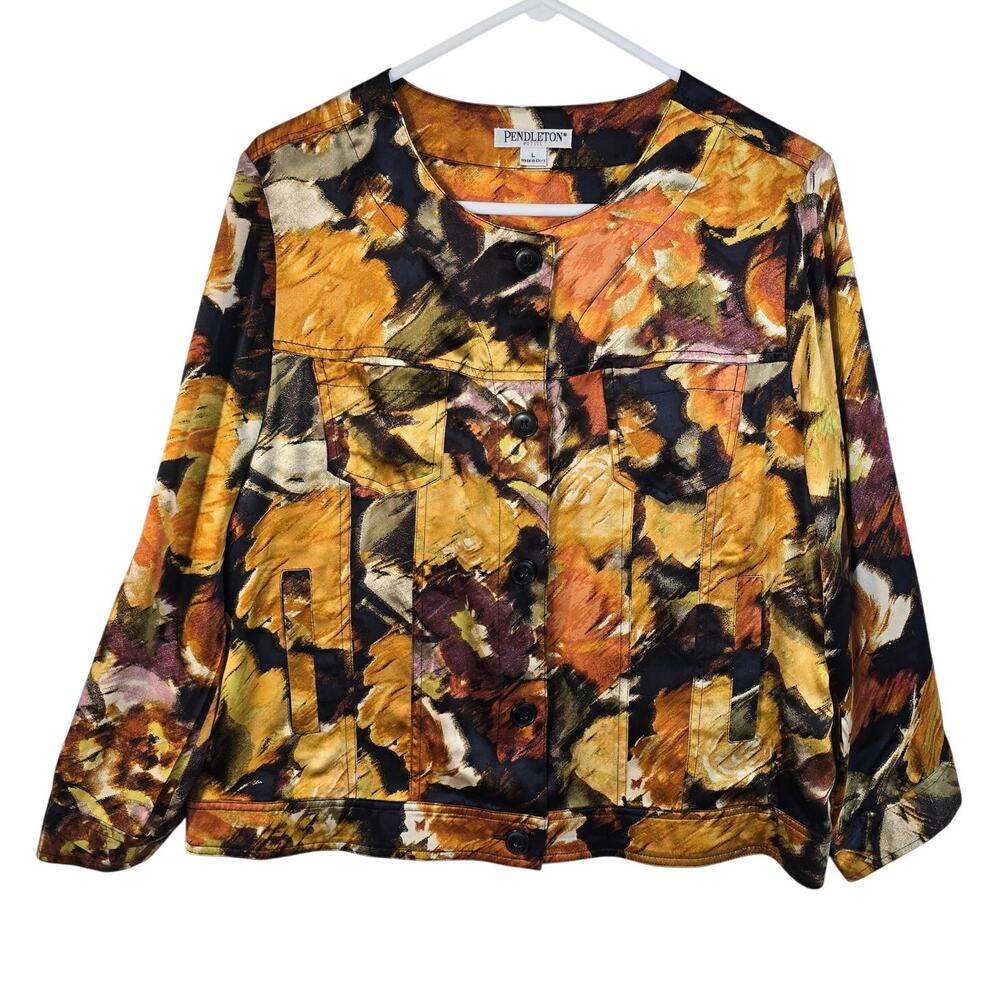 Pendleton Petite Blouse Women's L Orange Silk Watercolor Floral Autumn Classic